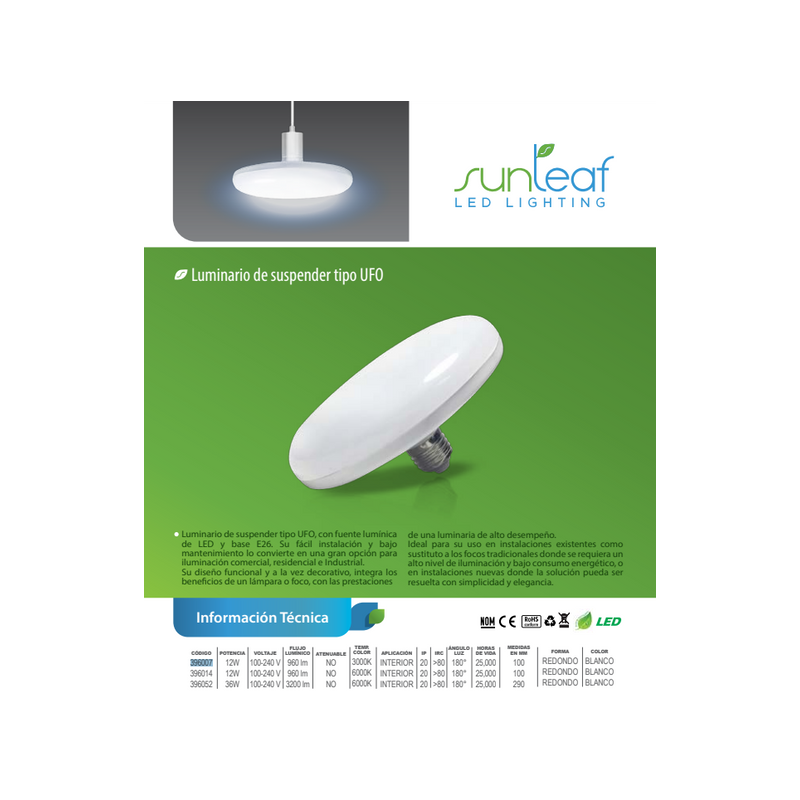 LUMINARIA DE SUSPENDER 12W 100-240 V LUZ CÁLIDA SUNLEAF