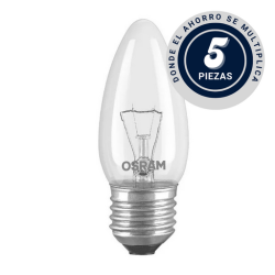 PACK DE 5 FOCOS VELA LISOS 40W 127V E26 CLARO OSRAM